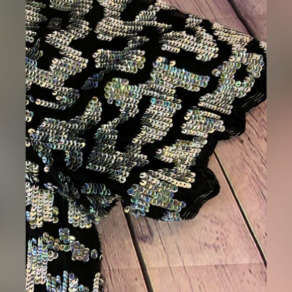 VINTAGE Laurence Kazar 80s Silk Glam Beaded Sequin Mob Wife Art Deco Top 2X - Picture 5 of 10